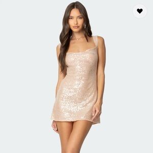 Edikted “Backless Sequin Cowl Neck Mini Dress”